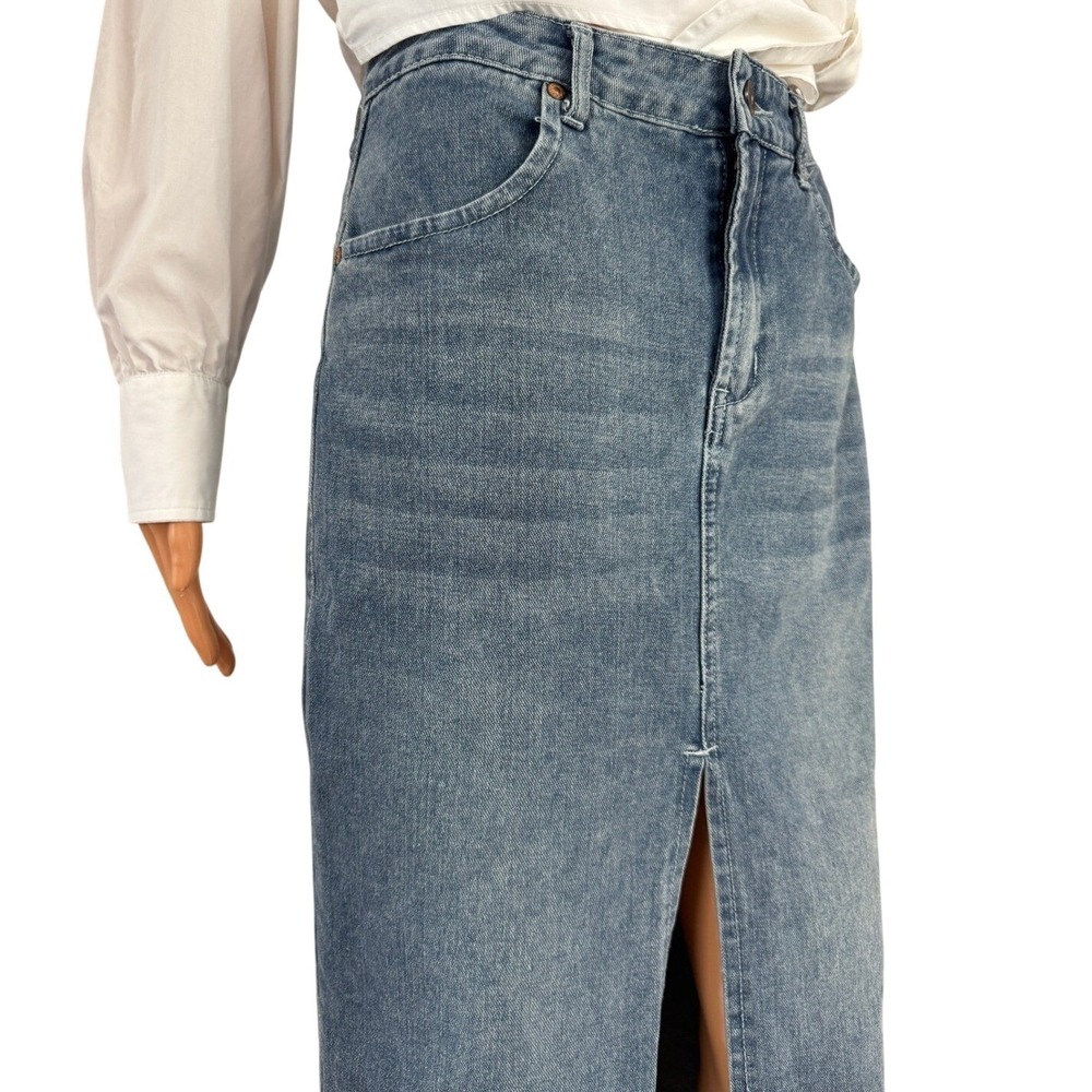 HappilyGrey High RiseDenim Maxi Skirt Medium Wash Front Slit Frayed HemSize 1/24 - Picture 4 of 15